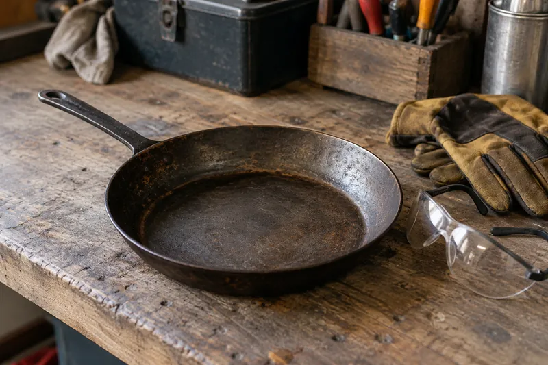 Vintage bare iron pan resting on a garage workbench beside unused protective gloves and safety goggles