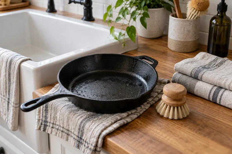 Cast iron skillet, brush and folded towels beside a sink