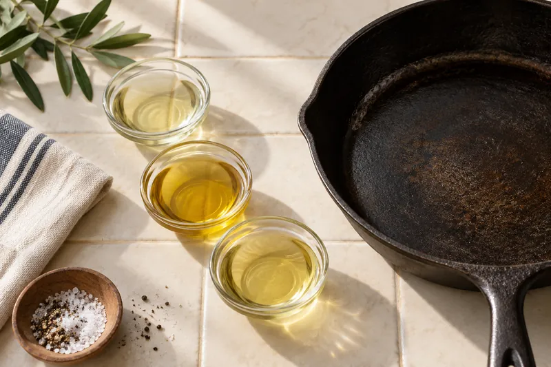 Small dishes of cooking oil beside a seasoned skillet