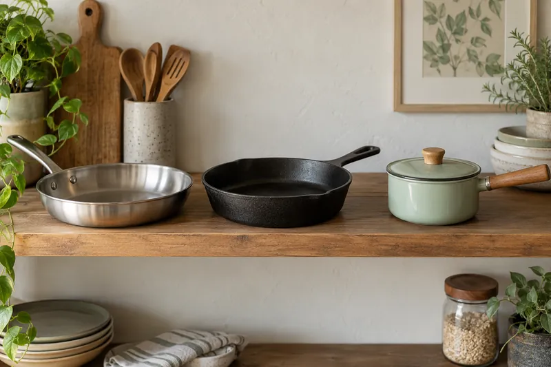 Three cookware types arranged on a kitchen shelf