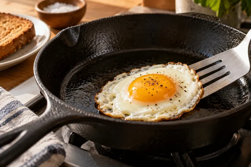 A spatula sliding under a fried egg in a cast iron skillet