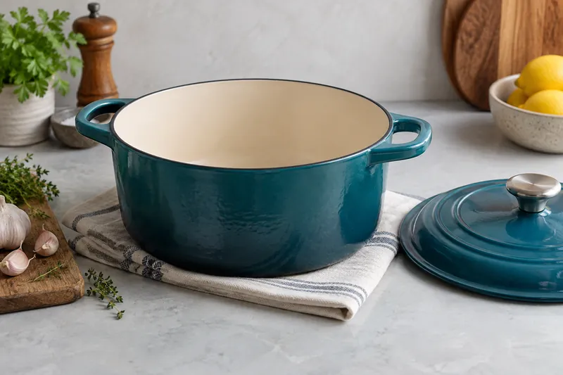 Teal Dutch oven with a cream enamel interior and separate lid