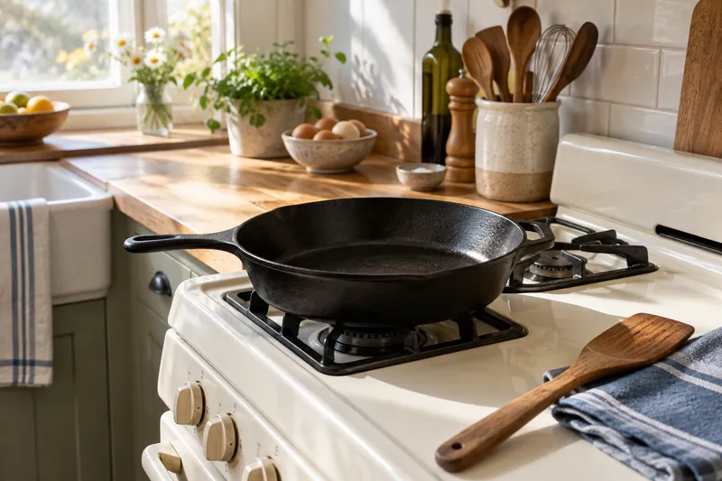 A cast iron skillet, wooden turner and blue towel in a home kitchen