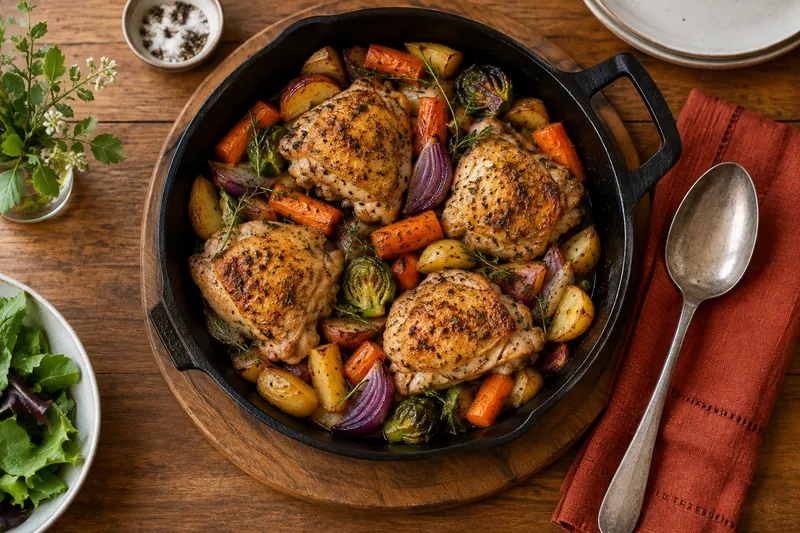 Vegetables and browned chicken in a skillet on a trivet