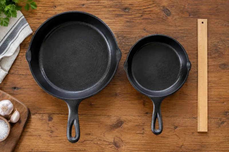 Two cast iron skillets with different diameters beside a ruler