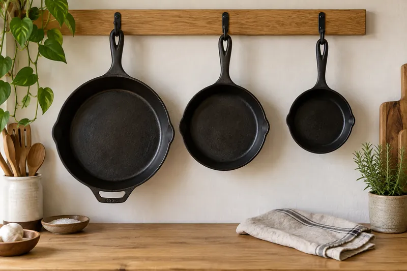 Cast iron pans hanging separately from a wooden kitchen rail