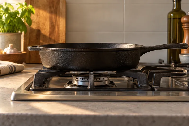 A skillet centered over a gas burner