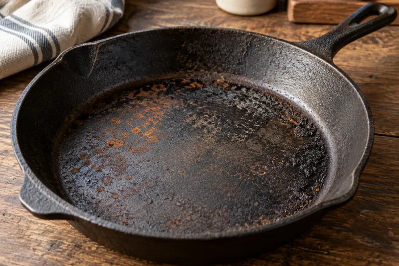 Orange rust spots and dark residue on a cast iron pan