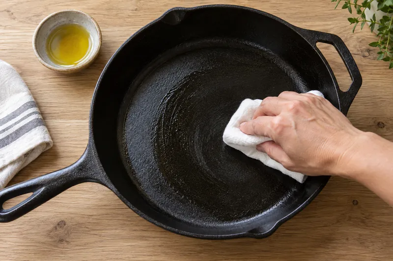 A cloth wiping a thin film of oil inside a cast iron skillet