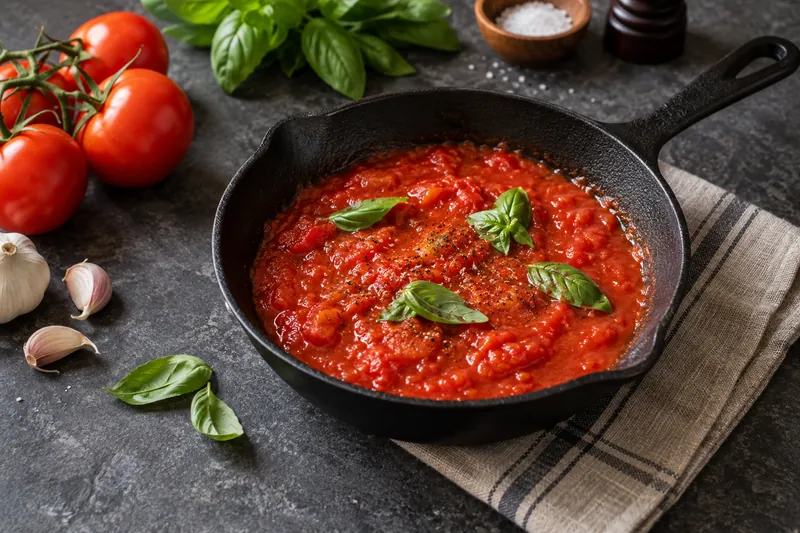 Tomato sauce and basil in a cast iron skillet