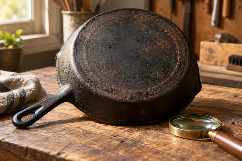 Underside and circular heat ring of an unbranded cast iron skillet