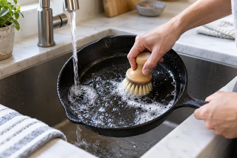 A dish brush washing a cast iron skillet at a sink